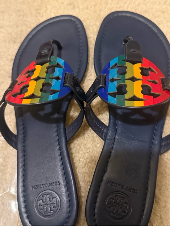 Tory Burch Shoes - Tory Burch Navy Leather Sandals with Rainbow Logo Thong